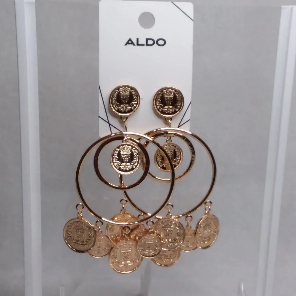 Hoop Coin Pierce Earrings Gold Tone Aldo - Picture 4 of 5